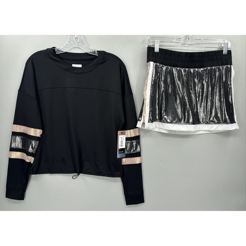 Lucky In Love Outfit Set Womens Small Black Metallic Tennis 2 Piece Top Skort